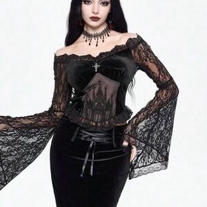*SOLD *
Black Lace Off-Shoulder Goth Crop Top